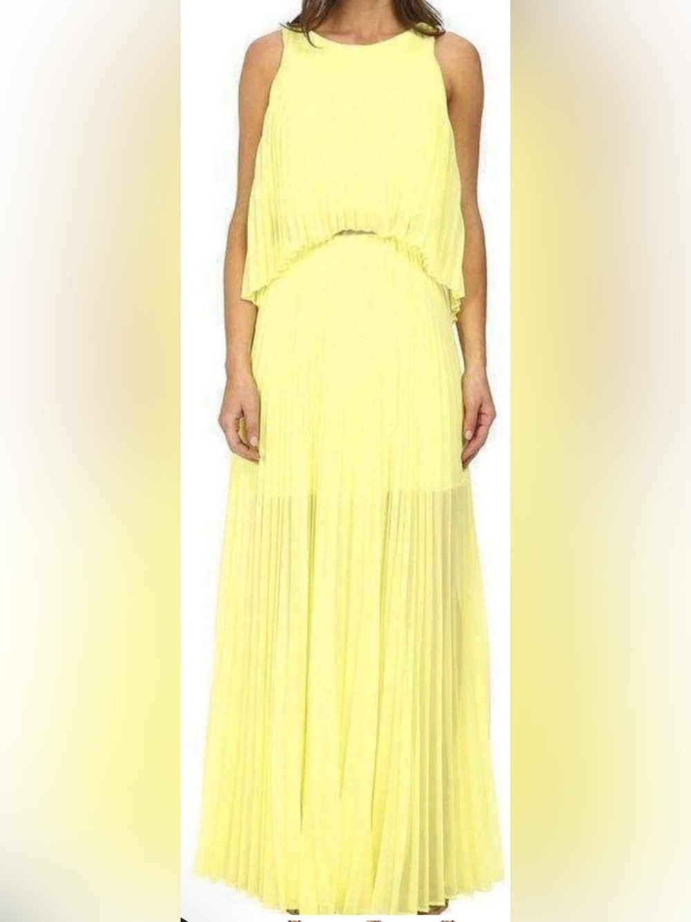 BCBG Neon Yellow Pleated Maxi Dress with Cape Overlay